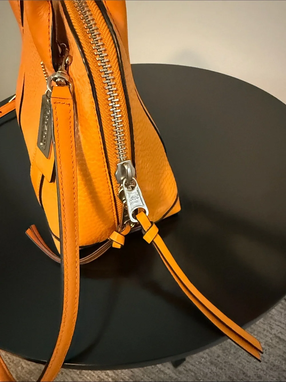 Coach Bleeker Mini. Orange Pebbled Leather Satchel with Detachable Strap